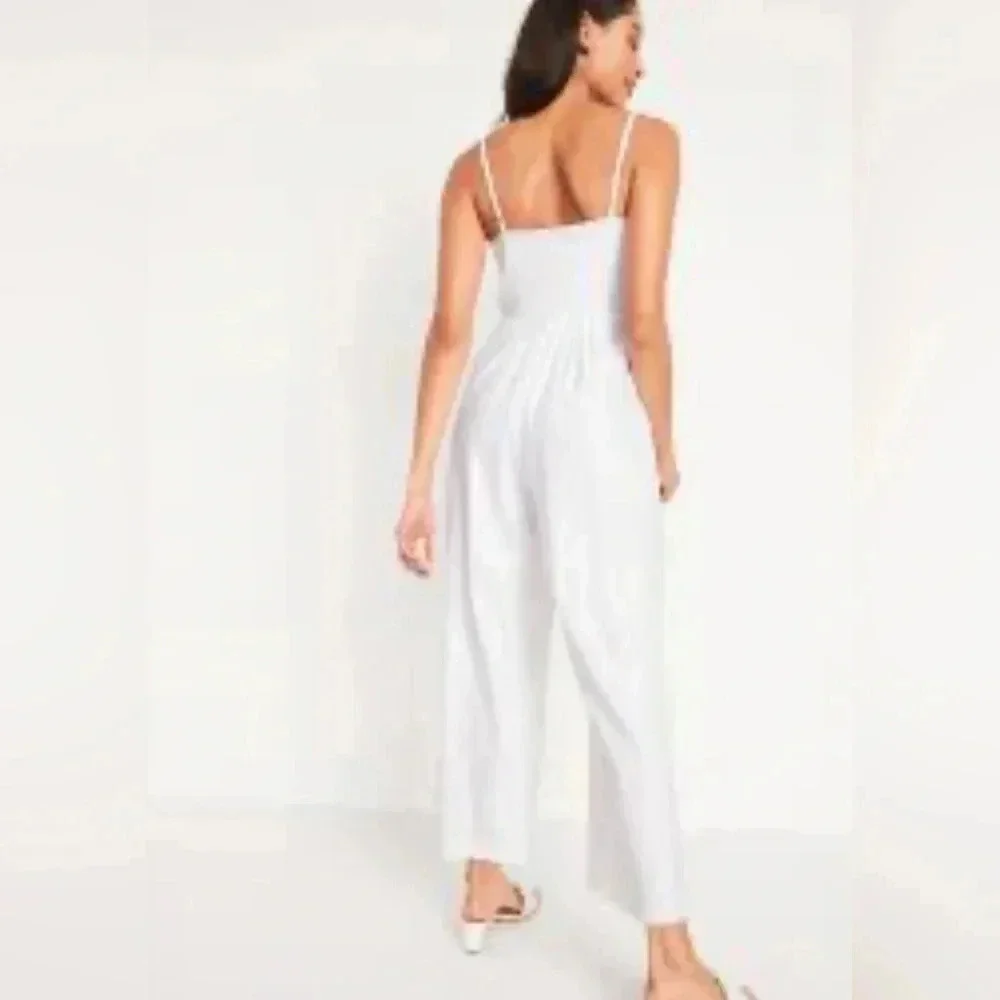 Banana Republic Linen Cotton White Wide Leg Cropped Jumpsuit‎ Pockets WM's 0 EUC